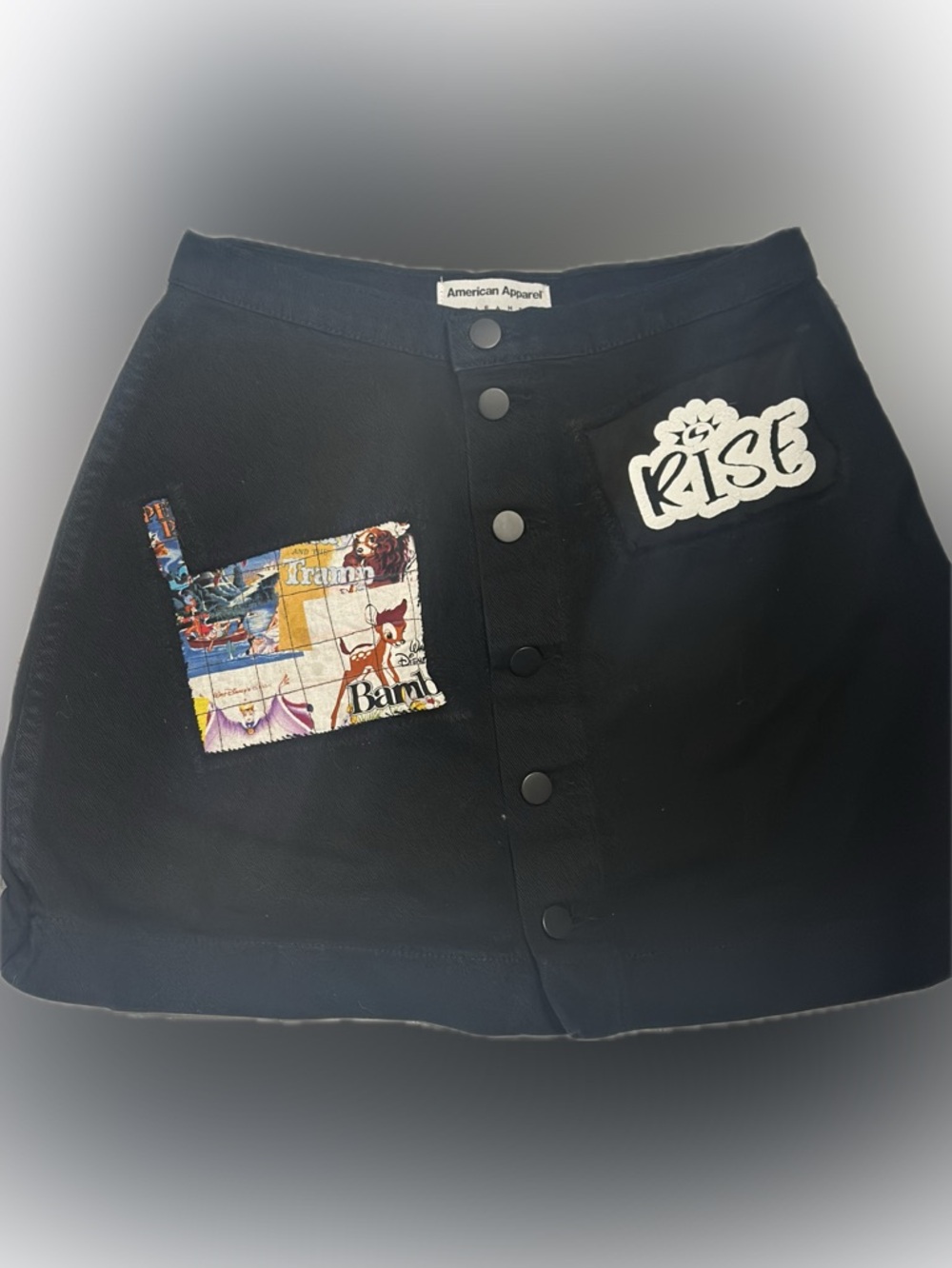 Upcycled American Apparel Black Button-Front Skirt with Disney Patchwork